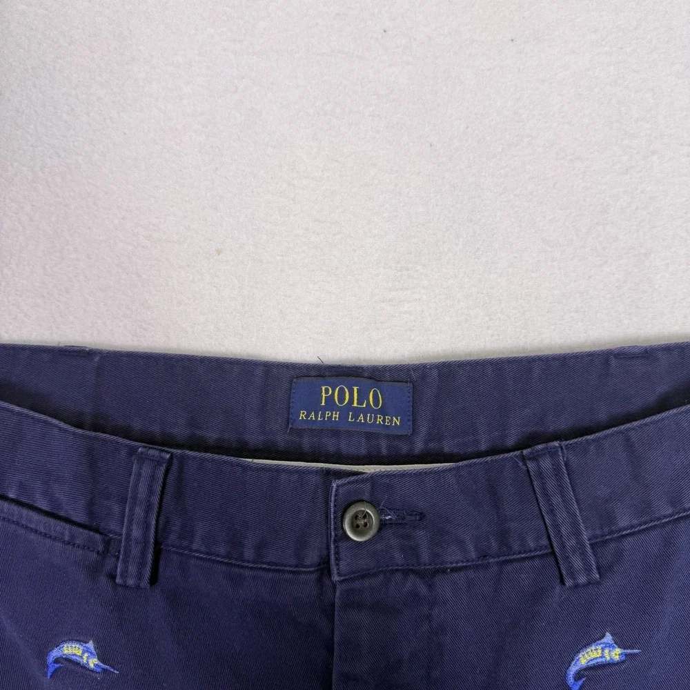Polo Ralph Lauren Mens Size 35 Navy‎ Blue Marlin Fish Embroidered Chino Shorts